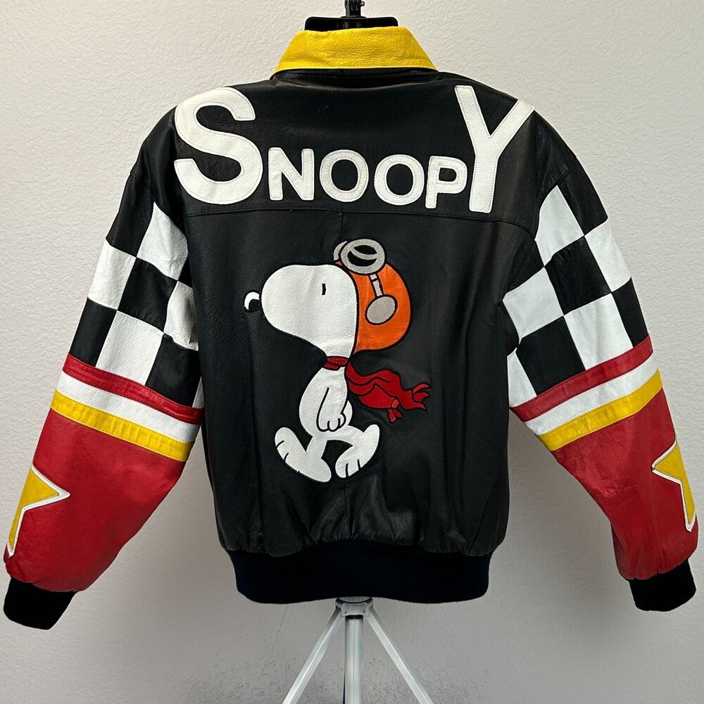 Vintage 90s Snoopy Peanuts Leather Bomber Jacket L Large American Toons Black